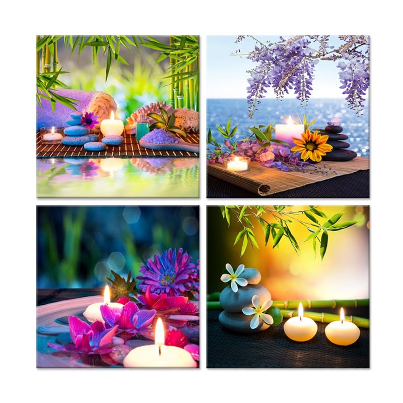iHAPPYWALL Canvas Prints Zen Art Wall Decor Spa Massage Treatment Painting Picture Orchid Flower Frangipani Bamboo Flaming Candle Print On Canvas 4 Panel Ready to Hang 12''x12''x4pcs - Image 1